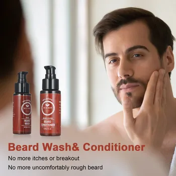 

2 Pcs/pack Beard Wash Shampoo & Beard Conditioner Softener Set 60ml Facial Hair Growth Cleaning Kit for Men for Baber and home