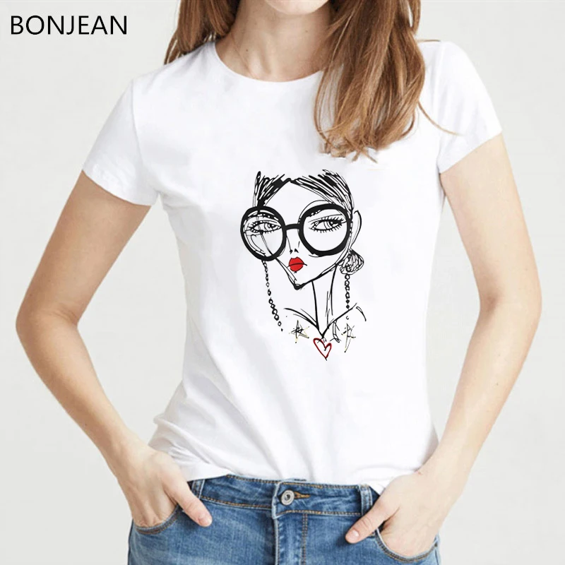 

Vogue Cartoon Portrait Cool Girl Printed Tshirt Women Summer Top Female Tee Shirt Femme Hipster Shirt Female Boyfriend T-Shirt