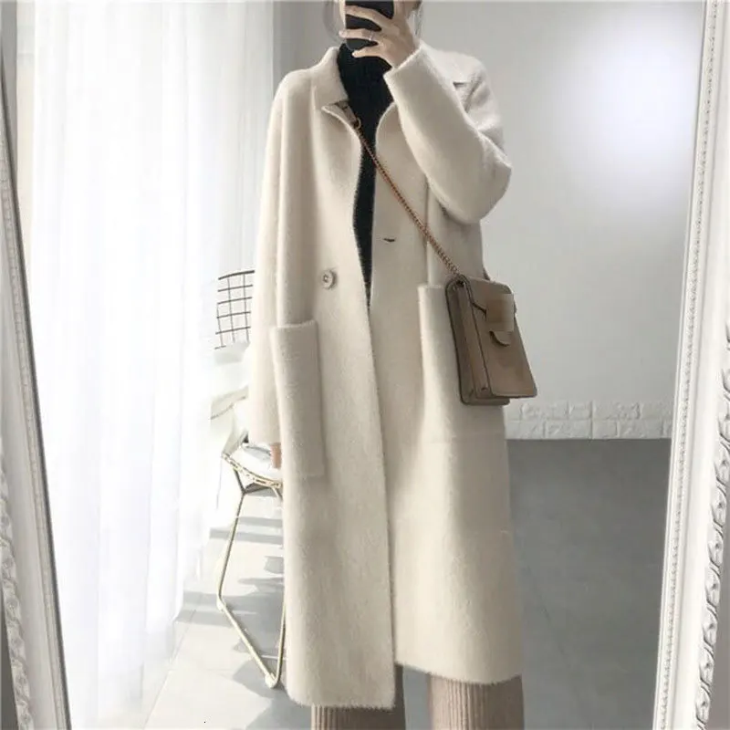

2020 Winter Women Wool Cashmere Solid Loose Coat Jacket Women Woolen Simple Coat Elegant Lady Long Blend Coats Cardigan Clothing