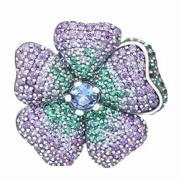 

New 925 Sterling Silver Bead Charm Glorious Bloom Flower With Multi-Colored CZ Necklace Pendant Fit Bracelet DIY Jewelry