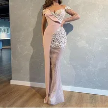 Модные вечерние платья с открытыми плечами, аппликация, v-образный вырез, шлейф, Русалка, вечерние платья для выпускного вечера, один рукав плюс, платья для выпускного вечера