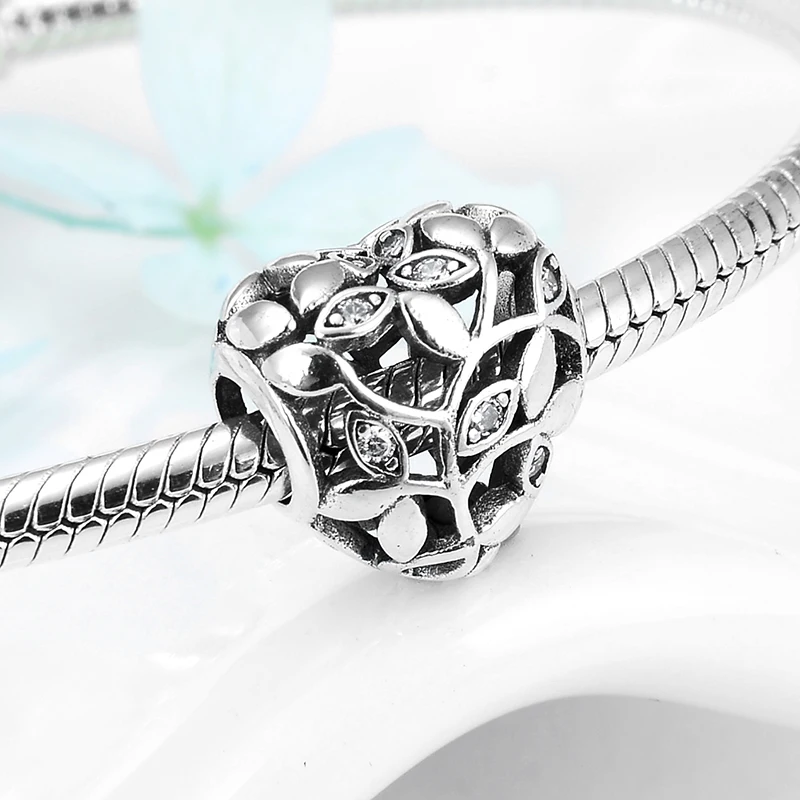 Heart beads 925 Sterling Silver Lush tree of life Charms CZ Leaf Beads Fit Original Pandora Bracelets Pendant Jewelry Making