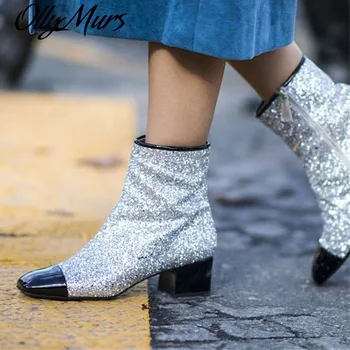 

Hot Spring Women Bling Bling Sequins Patchwork Black Square Toe Chunky Med-heels Knee High Glitter Spangle Knight Boots Lady