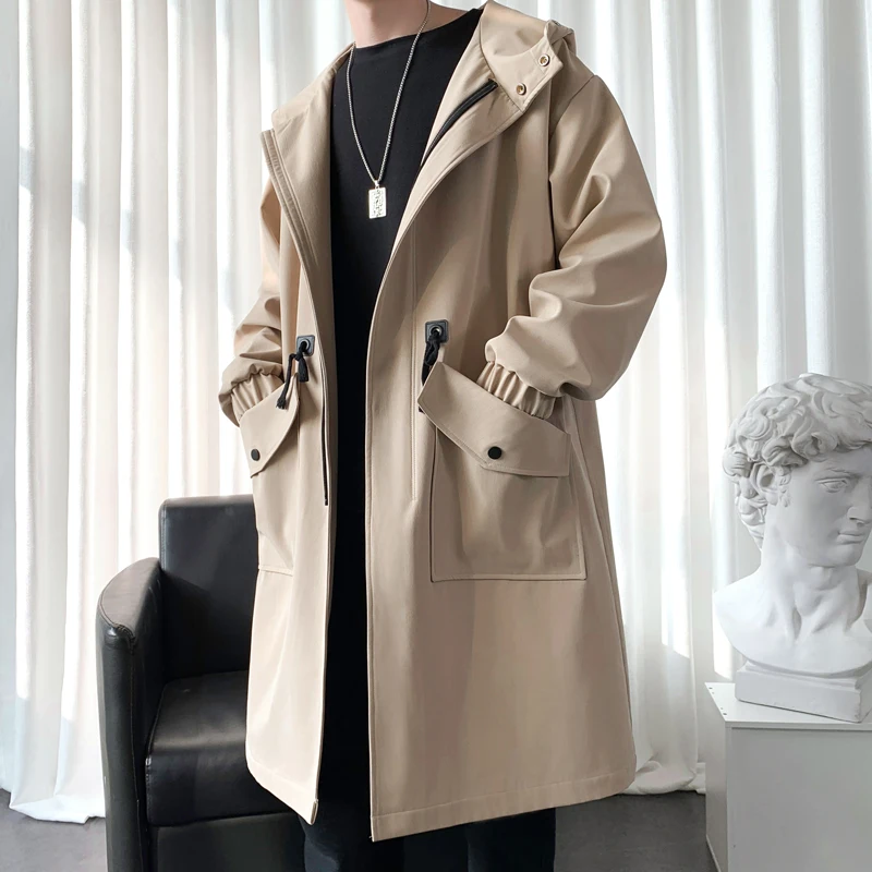 Trench Coat Mens Fashion Overcoat Casual Slim Fit Solid Long Male Windbreaker Outwear Homme