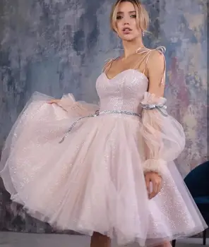 

Short Party Gowns 2020 Shinny Pink Sweetheart Knee Length Long Sleeve Backless Form Girl Prom Dress 2021 Brilliant Ball Gowns