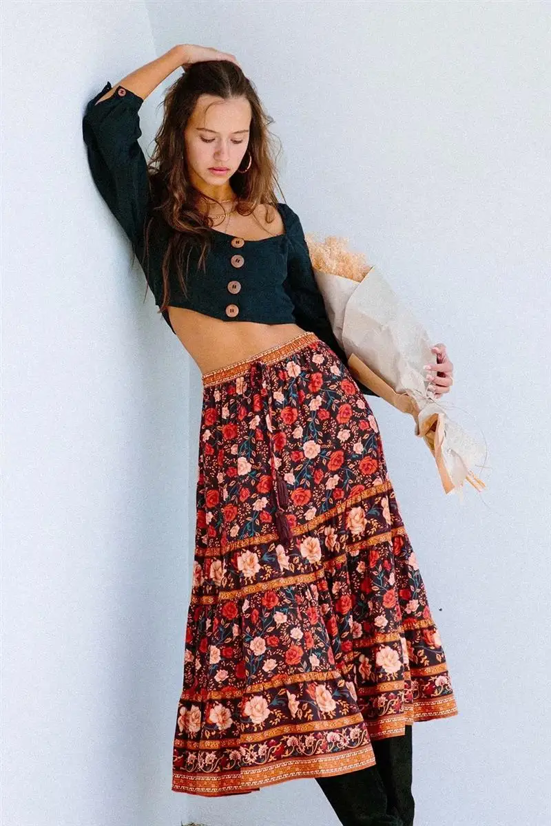 Богемный Вдохновленный Цыганская юбка для женщин лето осень эластичная талия юбка в стиле бохо синяя Цветочная длинная юбка винтажная шикарная пляжная юбка - Цвет: brown rosa