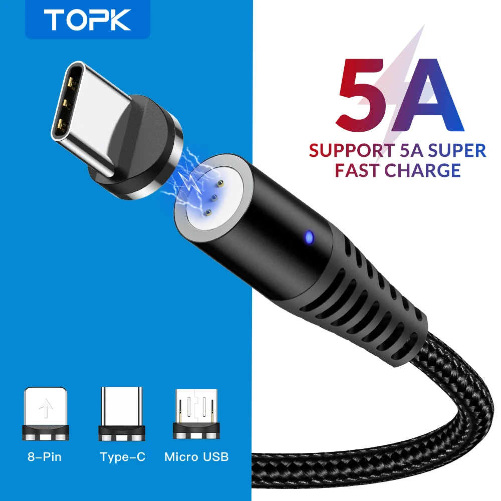 Кабель зарядный TOPK магнитный с разъемами USB Type C и Micro 3 А|Кабели для мобильных
