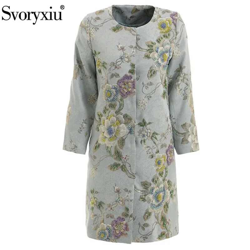 

Svoryxiu Designer Autumn Winter luxury Overcoat Outwear Women's Manual crystal Beaded Flower Print Jacquard High-End Long Coat