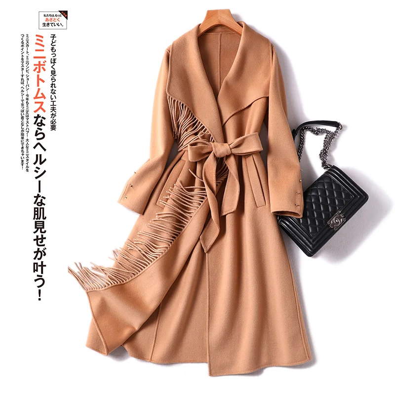 

Wool Designer Tassel Lace Up Coat Woman Winter Tassel Rivet Adjustable Waist Spring/Autumn Winter Coat Women Elegant