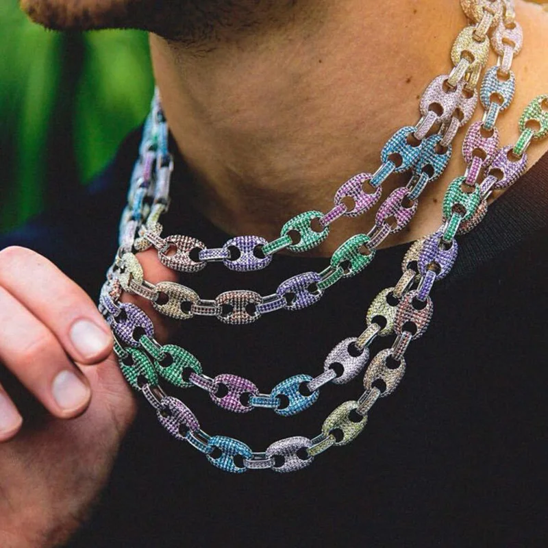 

18-24inch Hip Hop Bling CZ Coffee Beans Link Chain Necklaces For Men Charm Colorful Zircon Iced Out Chain Collier