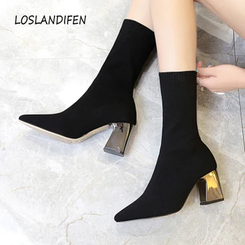 

Brand ladies ankle boots pointed thick with short boots knitted high-heeled stretch cloth Martin boots women's boots winter 2019
