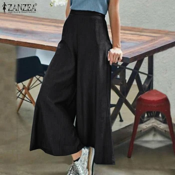 

ZANZEA Women Denim Elastic Waist Wide Leg Pants Plus Size Solid Pockets Long Trousers Female Pantalon Streetwear Palazzo Bottoms