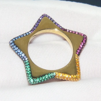 

Fun Multicolor Zircon 925 Sterling Silver Five Star Finger Ring Yellow Gold Paved Rainbow ZirconRing Women Party Wedding Jewelry