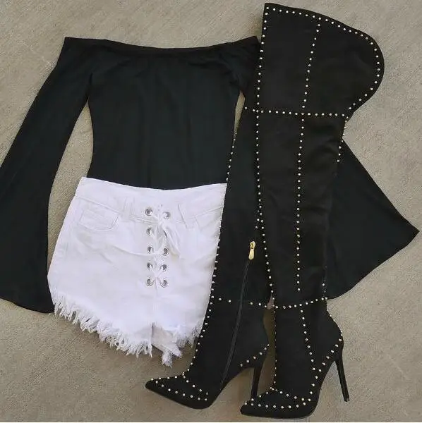 

Sexy Black Stud Over The Knee Womens Boots Pointed Toe Rivets Thigh High Boots Back Zipper Slim Fit Winter Boots Shoes Plus Size