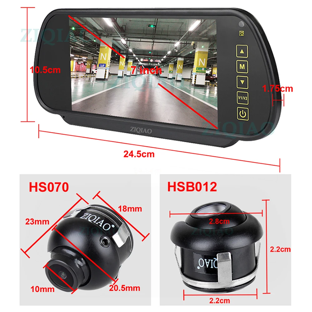 ZIQIAO 7 Inch LCD Car Mirror Monitor Parking Monitoring System with Night Vision Side Front Rear View Camera