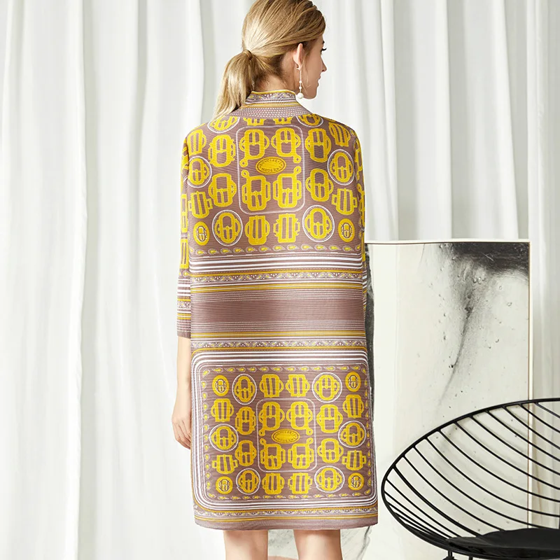 High collar printed dress female spring and autumn MIYAKE pleated seven-point sleeve loose pleats dresses free shipping