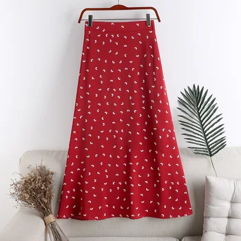 

Spring summer New women's skirt red white black high waist Retro Love printed long Casual elegant chiffon A-line skirt