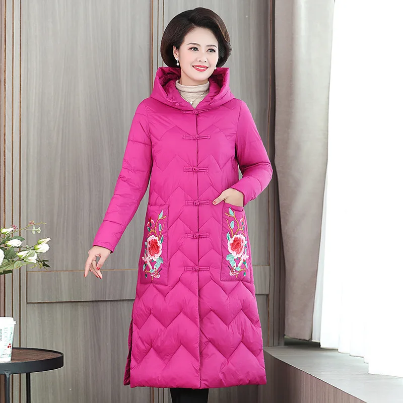 

Large Size 2018 Winter New Style Retro Embroidered Cotton Coat Mid-length Chinese-style Frog Thick Hooded down Feather Cotton-pa