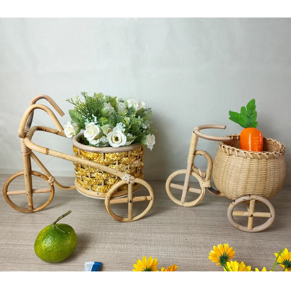 Rattan Woven Organizer Storage Baskets Bamboo Handmade Mini Tricycle