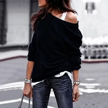 

Casual Women T-Shirts Casual One Shoulder Skew Collar Long Sleeve Solid Cotton Shirt Top Tunic Blusas Mujer XL