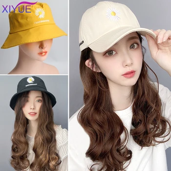 

22''Long Synthetic Embroidery Little Daisies Cap Wig Many Wave Wigs Naturally Connect Synthetic Hat Wig Adjustable For Girl Part
