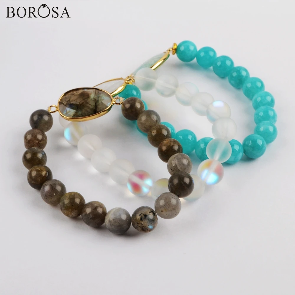 BOROSA дизайн 5 шт. Gild Amazonium белый кварц Лабрадорит браслет с граненными элементами камни камень с 10 мм бижутерия бисерный браслет G1876