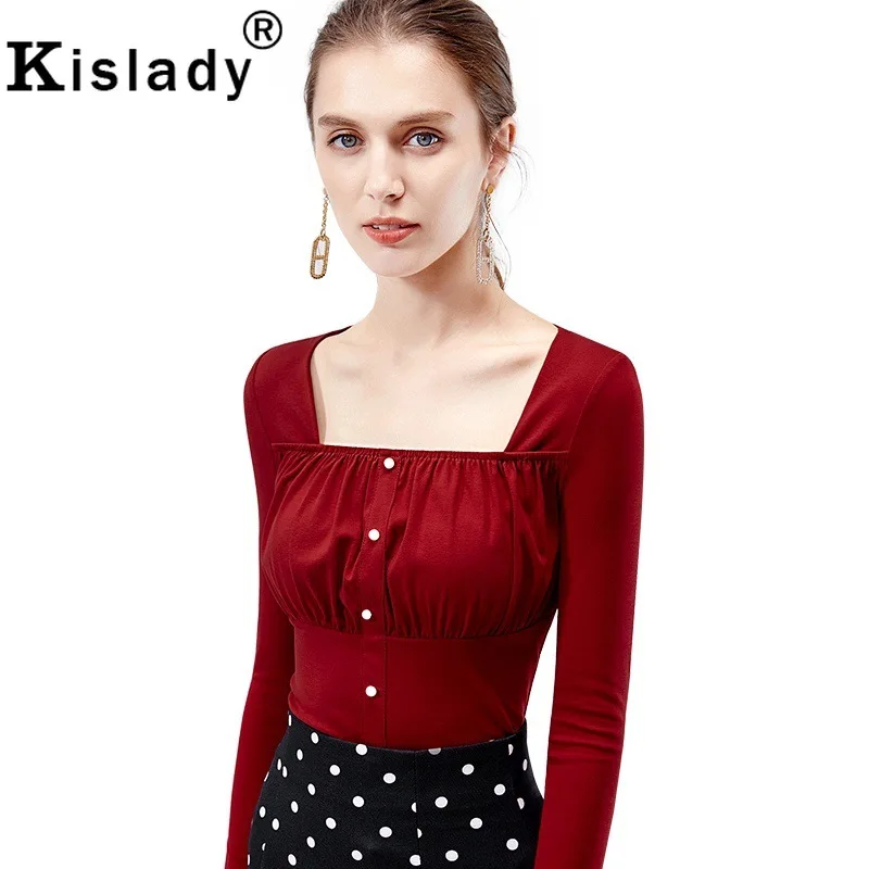 Kislady женские облегающие топы с квадратным воротником и рюшами для весны и осени, элегантные темпераментные женские рубашки, официальная Корейская одежда