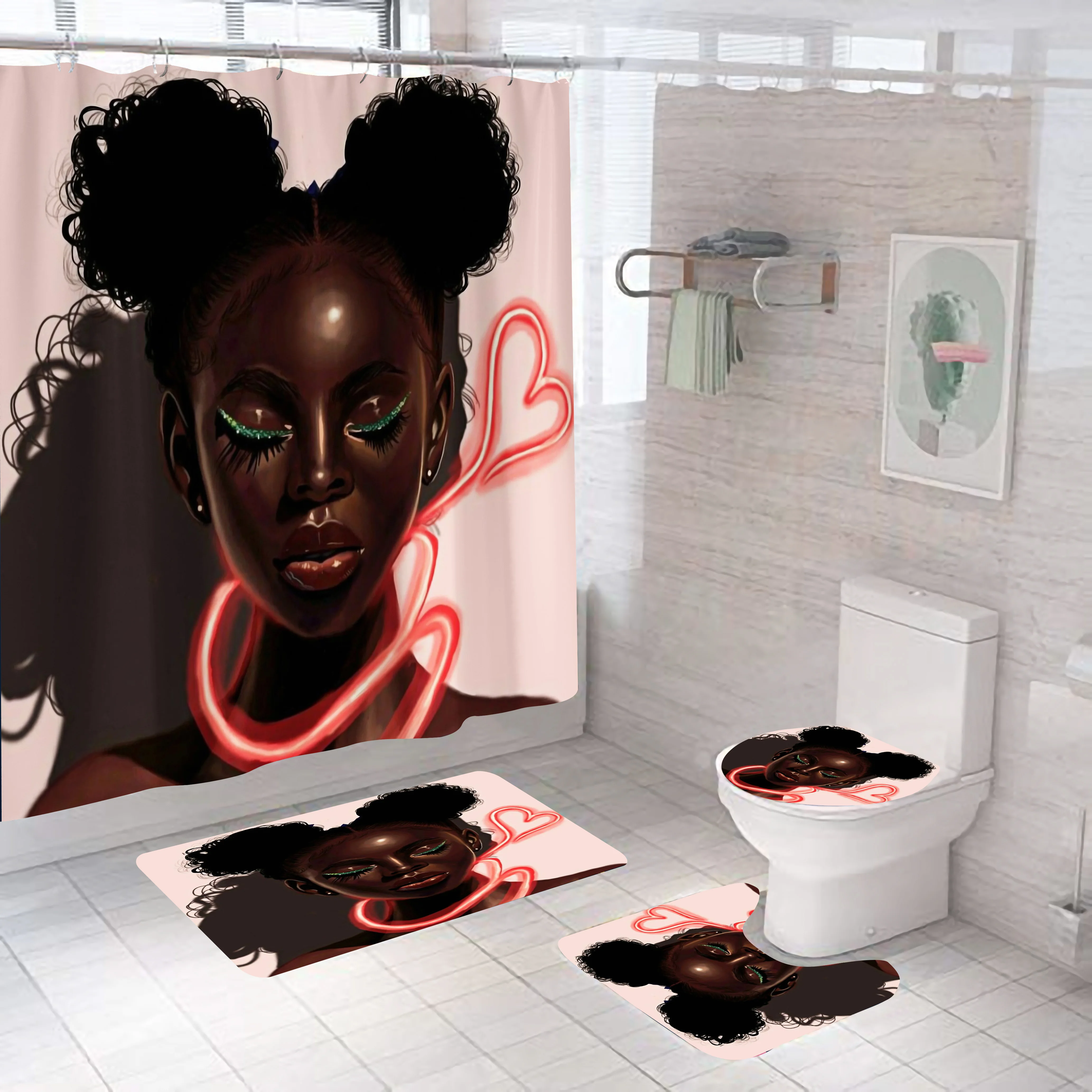 Black Girl Shower Curtain Sexy African Woman Waterproof Bathroom Bath Mat Set Design Pedestal Rug Lid Toilet Cover De Home | Дом и сад