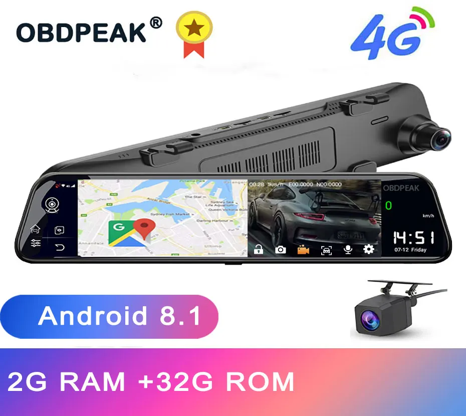 4G Android 12 &quotАвтомобильный видеорегистратор FHD 1080P зеркало с экраном камеры заднего