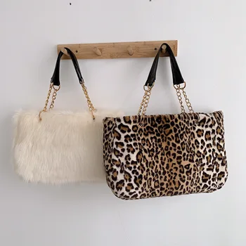 

Faux fur large capacity leopard crossbody bag women's 2019 winter plush shoulder Messenger bag ladies warm handbag girl Christma