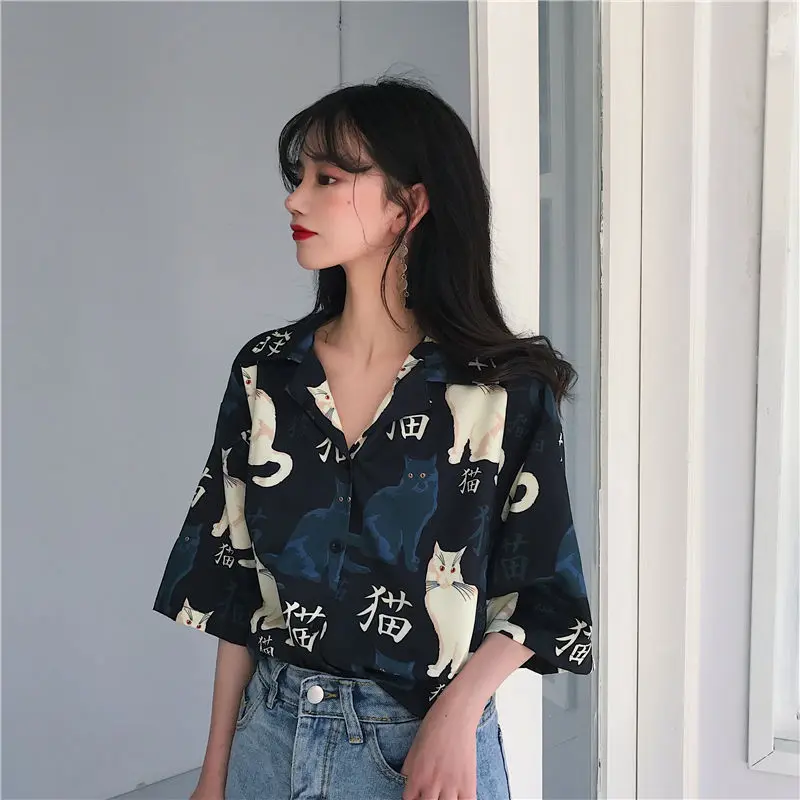 Blouses Women Vintage Cat Printed Korean Basic Loose Chic Design Ladies Shirts Daily College Street All-match Womens Blouse Top