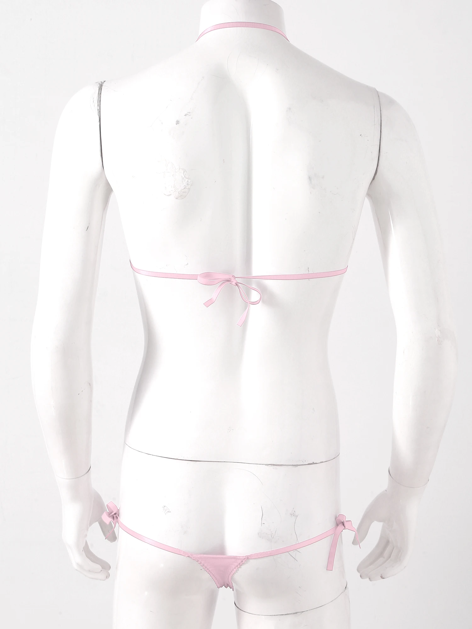 Tiaobug Mens Pure Sissy High Quality Satin Two-piece Lingeries Set Underwears Lace-up Halter Unlined Wireless Bras with Thongs