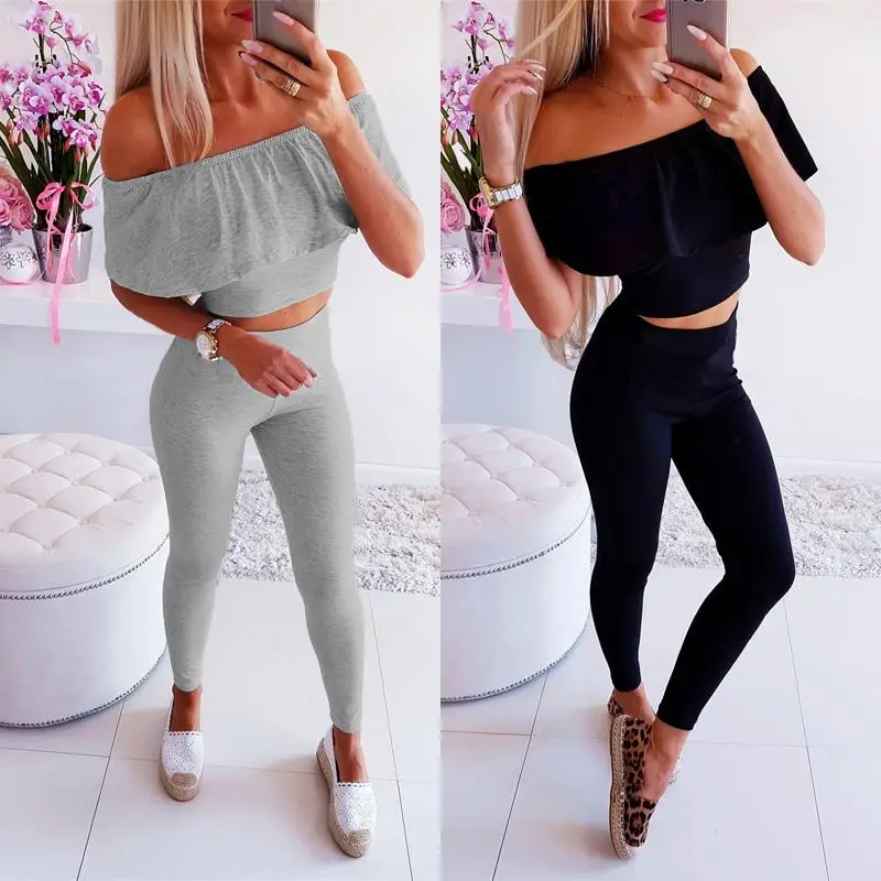 

2 Piece Outfits for Women Sexy Off Shoulder Short Sleeve Strapless Short Top+Elastic Waist Pencil Pants Solid Color Female Sets