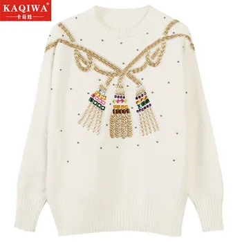 

Thickened white turtleneck for fall 2019 new women white semi-turtleneck sweater solid color beaded top loose autumn long sleeve