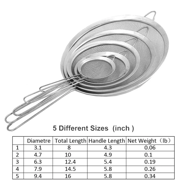 LMETJMA Stainless Steel Fine Mesh Strainers Oil Strainer Colanders with Long Wire Handles 3'', 5'', 6'', 8'', 9.5''  KC0072 2