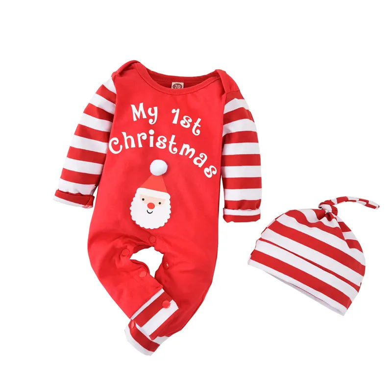 Infant Baby Boys Girls Christmas Stripe Print Romper Bodysuit Pants Hats Outfits 