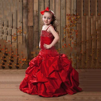 

New Red Taffeta Flower Girl Gowns Spaghetti Little with Beads Kids Party Gowns Girls Dresses Special Occasion Pageant Dress