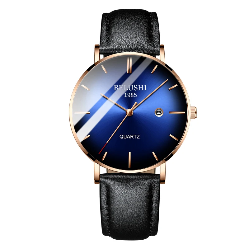 010 leather R blue Ультра тонкие часы для мужчин Хронограф военные Роскошные спортивные часы водонепроницаемые стальные сетчатые кварцевые мужские часы Relogio Masculino - Цвет: 010 leather R blue