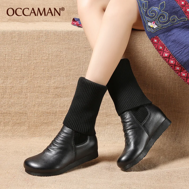 

OCCAMAN Winter Spring Warm Genuine Leather Shoes Woolen Slip On Flat Platform Women Mid-calf Boots 42050