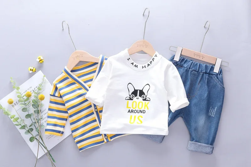 Autumn Children Baby Boys Clothing Sets Toddler Clothes Suits Stripe Coats Cartoon T Shirt Pants 3PCS Infant Casual Costume