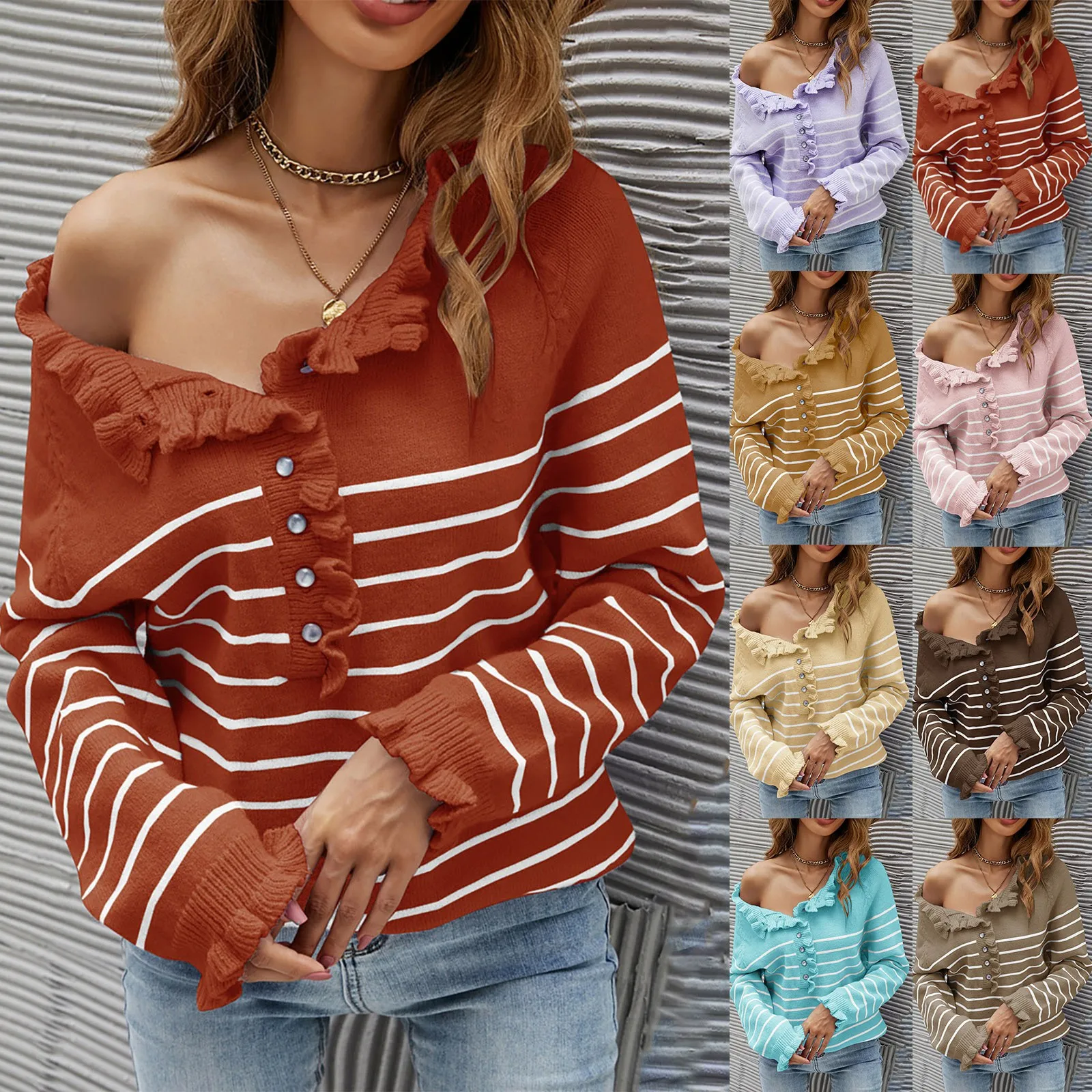 Autumn And Winter New Women's Tops V-neck Long Sleeve Printing Ladies Casual Long Sleeve Striped Button Pleated Knitted Sweater 1