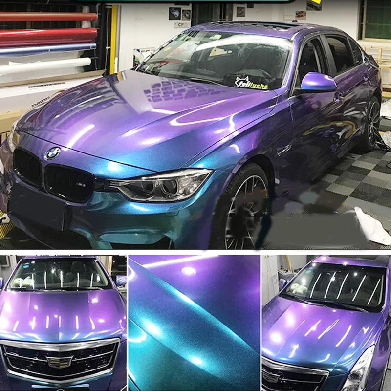 

Glossy Chameleon Glitter Purple with Green Car Body Decals Gloss Vinyl Wrap Sticker Color Changing Film 1M/2M/3M/3.5M/5M x 1.52M