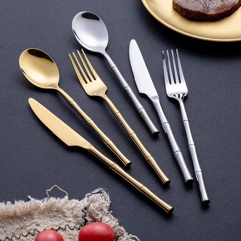 KuBac Hommi Cutlery Set Stainless Steel Steak Knife Fork Bamboo Design Golden Dinnerware Set Silver Cutlery Set 24pcs