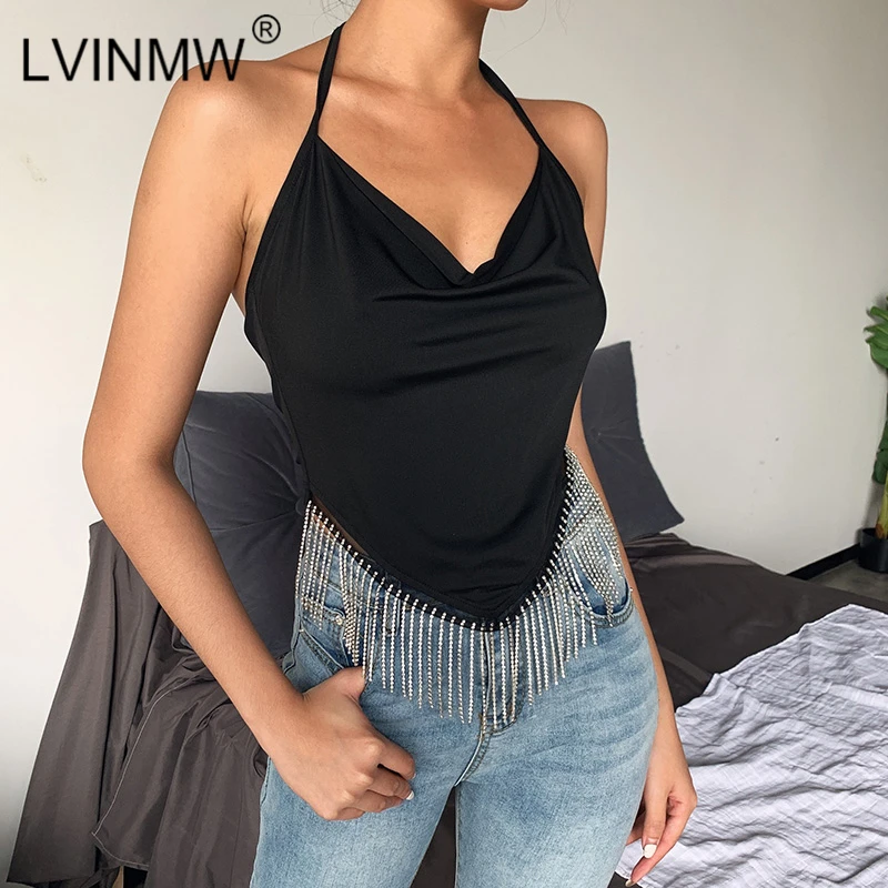 LVINMW сексуальный черный на шнуровке Холтер Стразы Короткие топы с кисточками