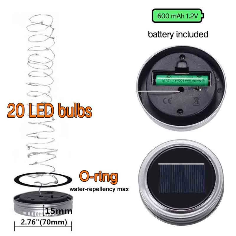 ABFU-Solar Mason Jar Light, 8 шт. в упаковке, 20 светодиодный, водонепроницаемый, феи, Светлячок, крышки, гирлянды с вешалками(без банок), патио, двор, Gard