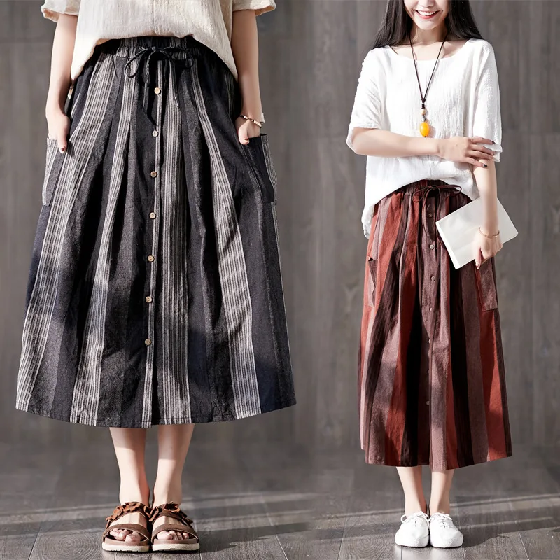 

Spring And Summer Cotton Linen Skirt Mid-length Mori Girl Artistic A- line Skirt Versatile Linen Skirt Pleated Skirt