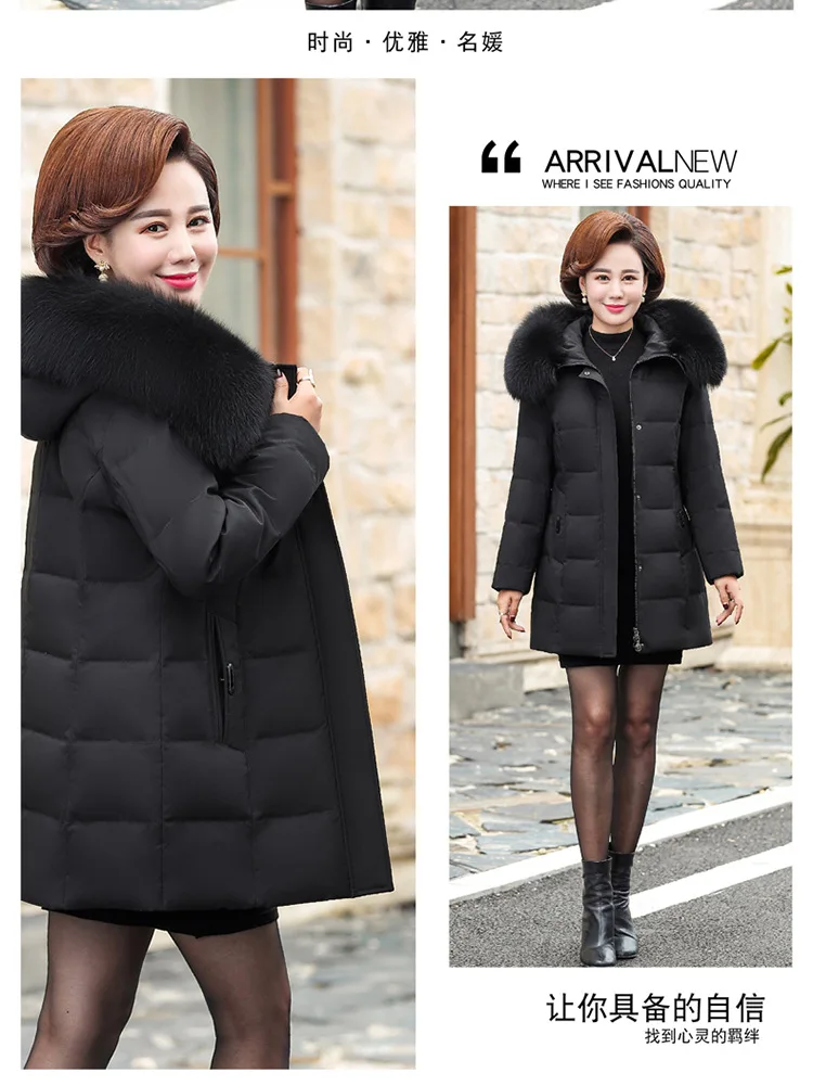 Brand Genuine Fur Collar Large Size White Duck down Coat Women's Winter Middle-aged WOMEN'S down Jacket Warm Mid-length