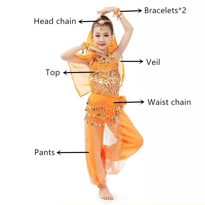 Детский набор костюма для танца живота Восточный танец Индийский танец Дети танец живота костюм платье Болливуд представление одежда сцена - Цвет: Orange 7 pcs