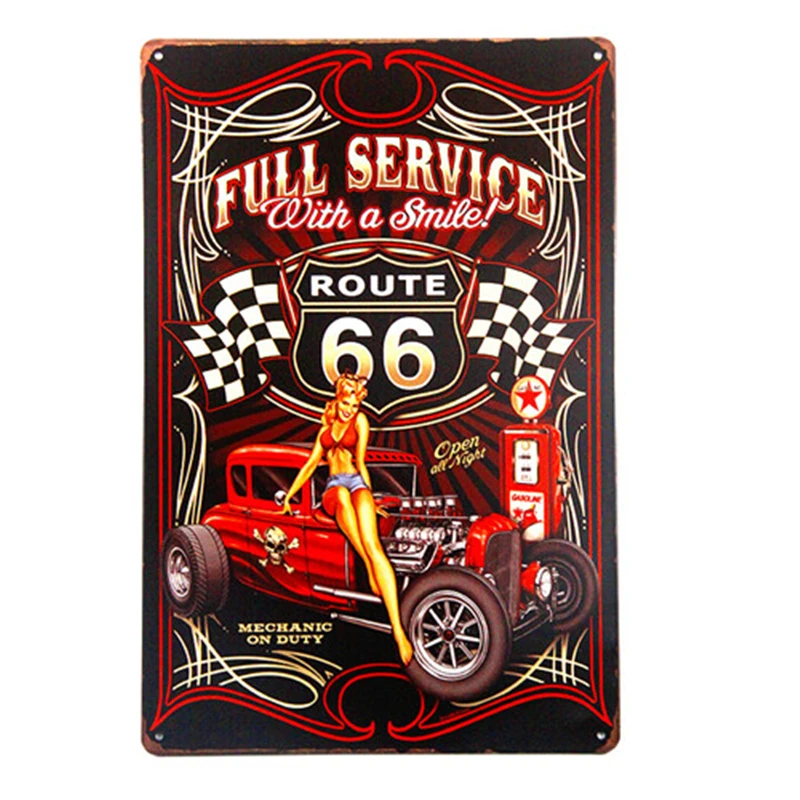 Полный сервис Hot Rod Route 66 высечки металла Знак pin up девушки с улыбкой старинные гаражные стены искусства