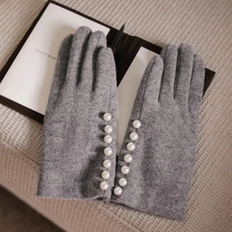 Зимние высококачественные теплые перчатки с жемчугом и шерстью для сенсорного экрана, женские зимние кашемировые перчатки с вышивкой в виде кролика, утепленные перчатки для вождения, H18 - Цвет: Gray